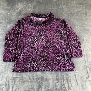 White Stag Leopard Print Velour Cowl Neck Long Sleeve Shirt Womens SZ XL Purple